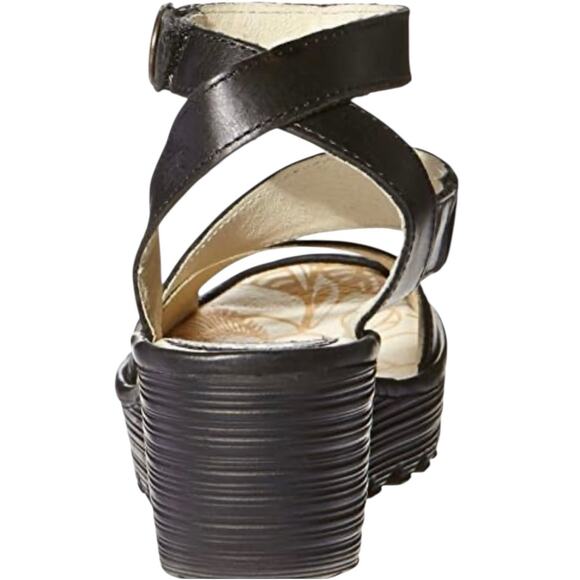 FLY London Yesk Black Leather Ankle Wrap strappy wedge rip and grip eu sz 38 - Picture 14 of 16